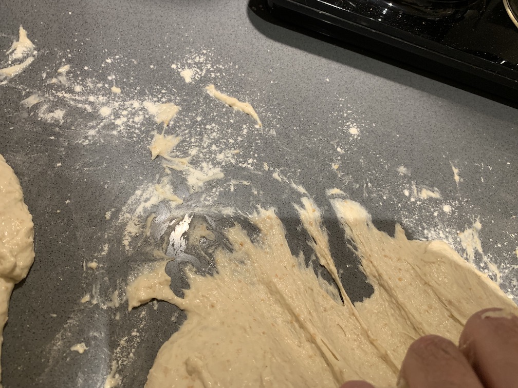 Very sticky dough stuck to a worktop