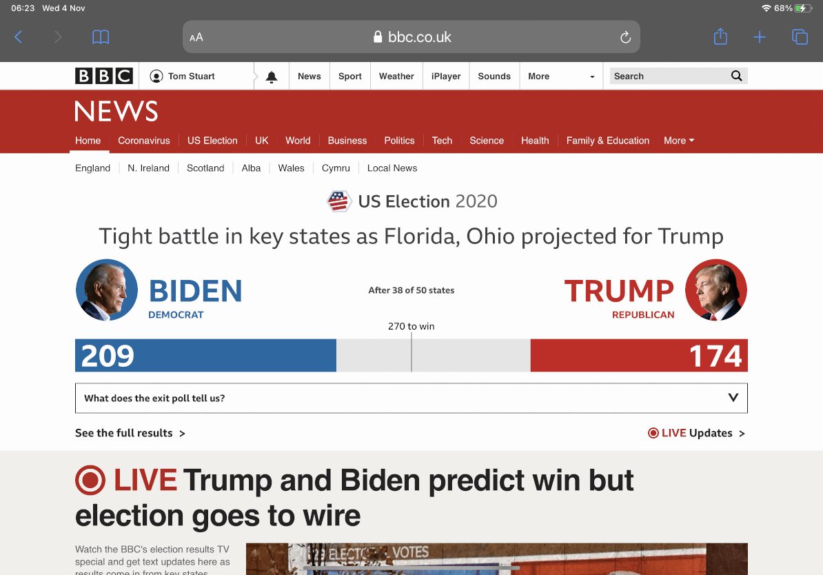 A time-lapse of the BBC News site showing Biden winning the election