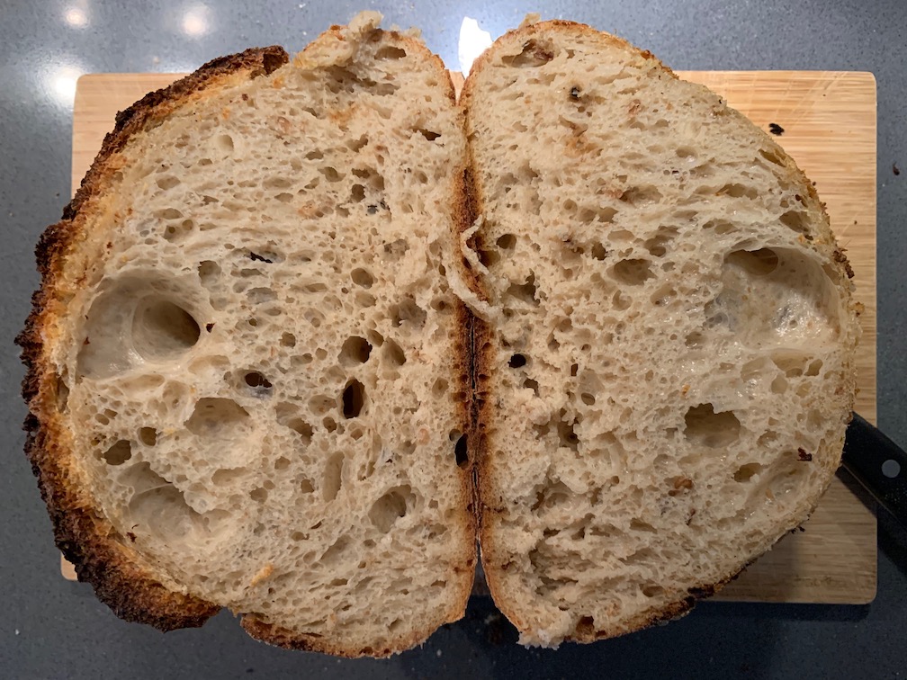 The loaf cut in half, showing the crumb