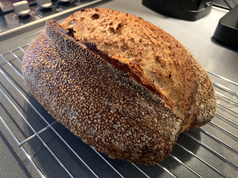A loaf of sourdough bread coated with sesame seeds