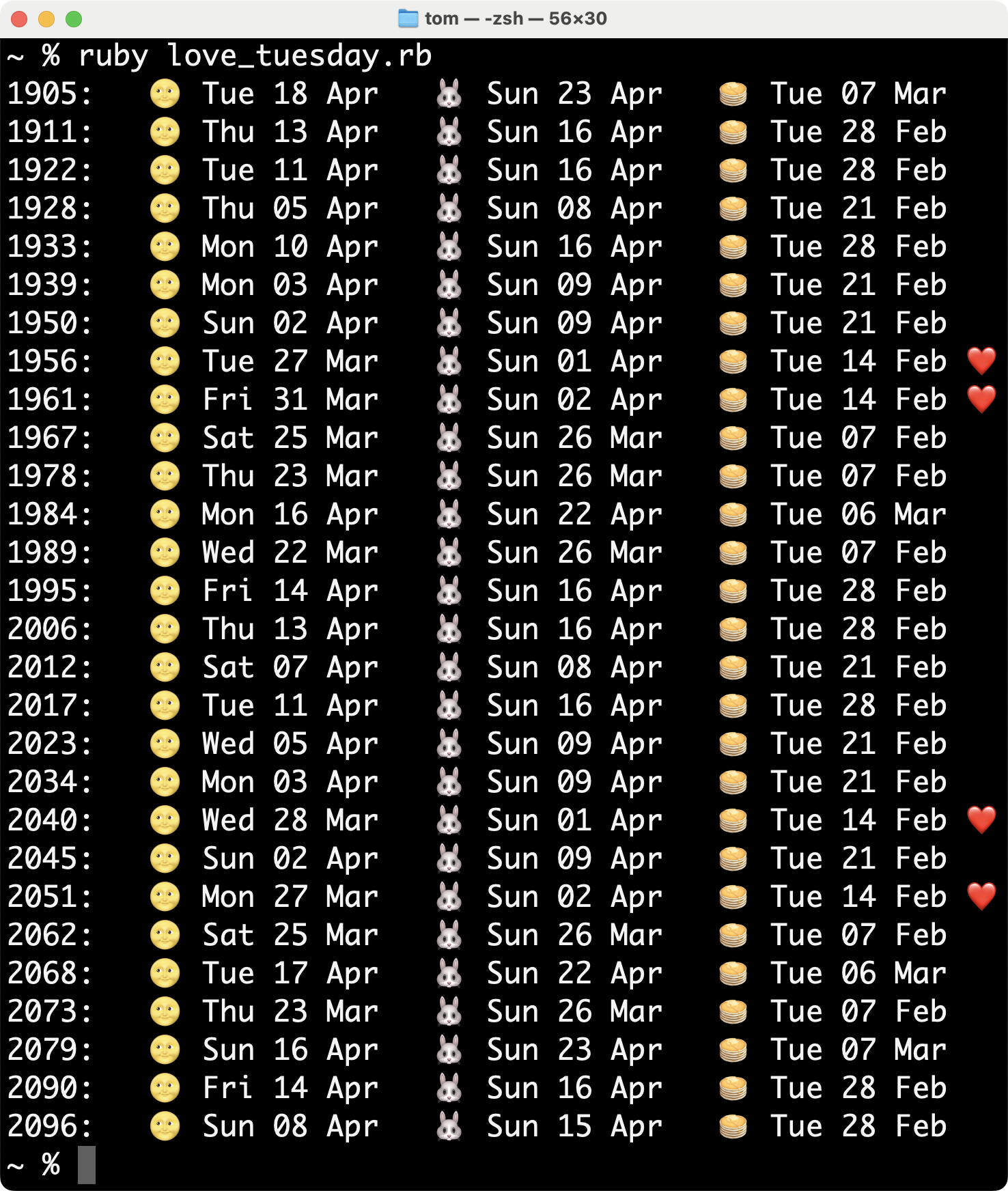 The output of my Ruby program, showing Shrove Tuesday falling on 14 February in 1956, 1961, 2040 and 2051