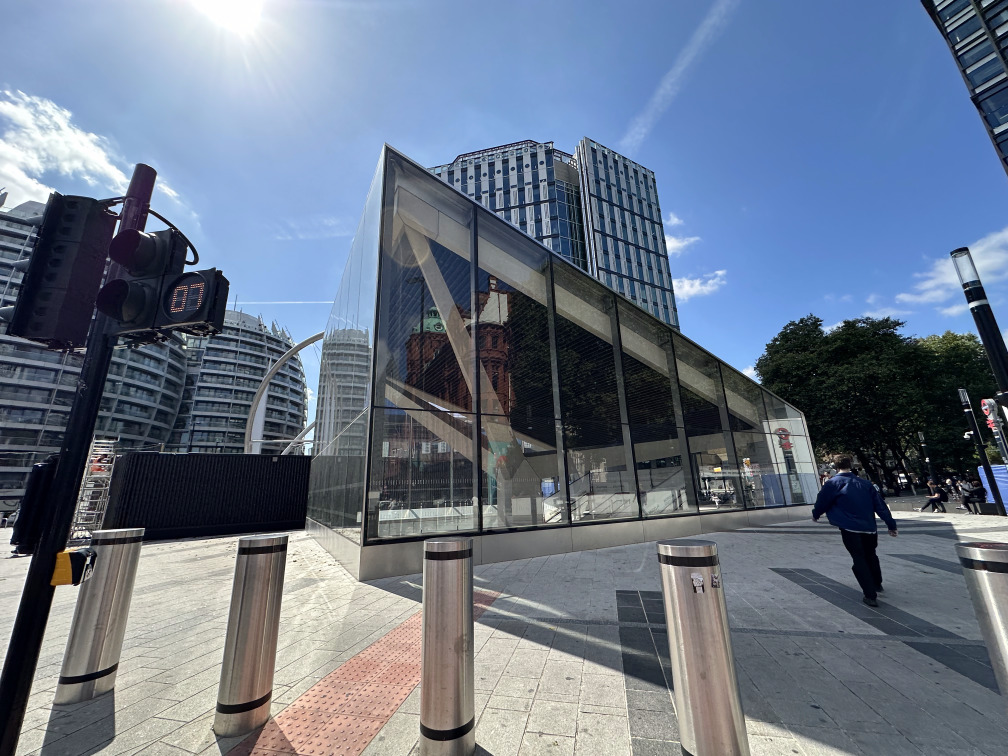 The new main entrance of Old Street station in the sunshine