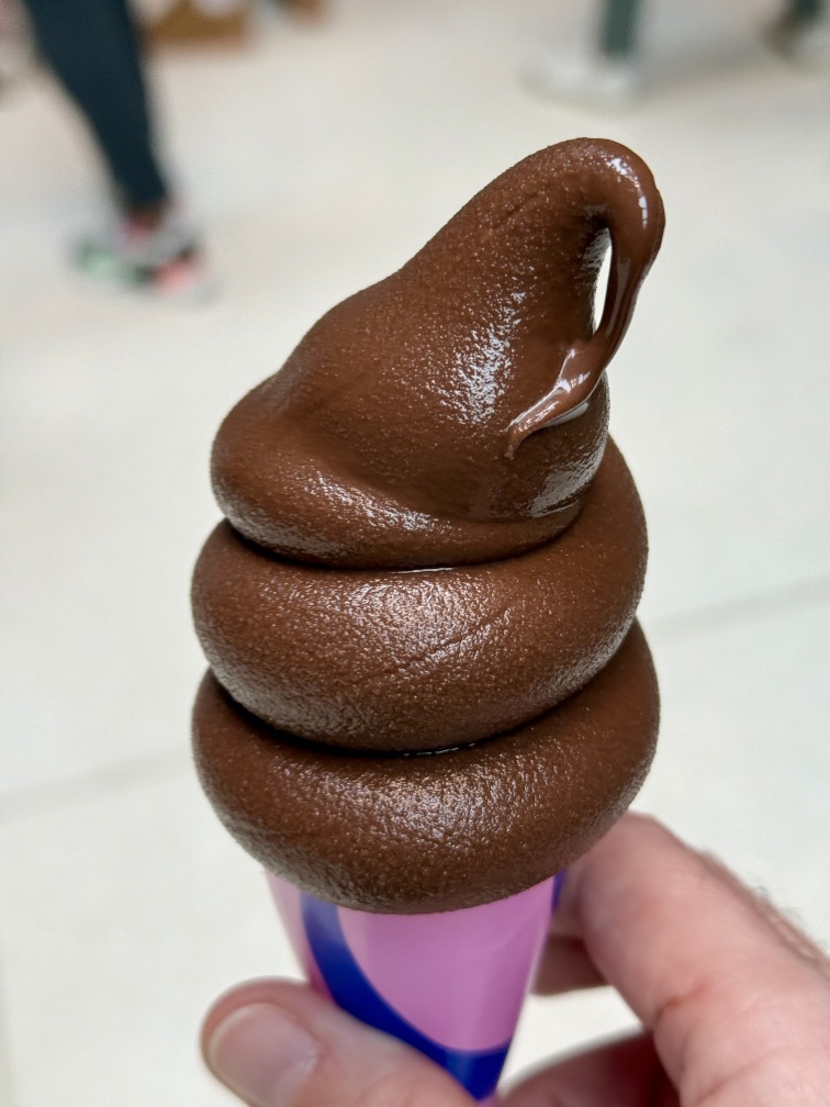 A chocolate ice cream in a cone
