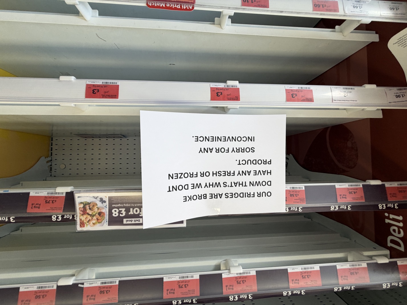 OUR FRIDGES ARE BROKE / DOWN THAT’S WHY WE DONT / HAVE ANY FRESH OR FROZEN / PRODUCT. / SORRY FOR ANY / INCONVENIENCE.