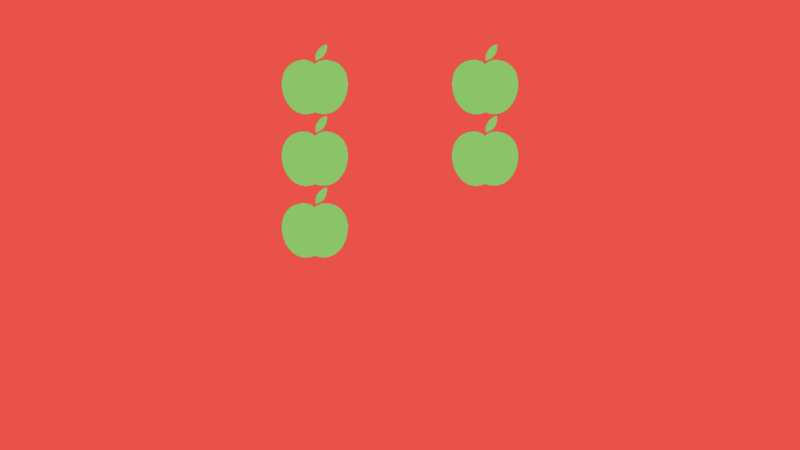 Three apples being added to two apples to get five apples