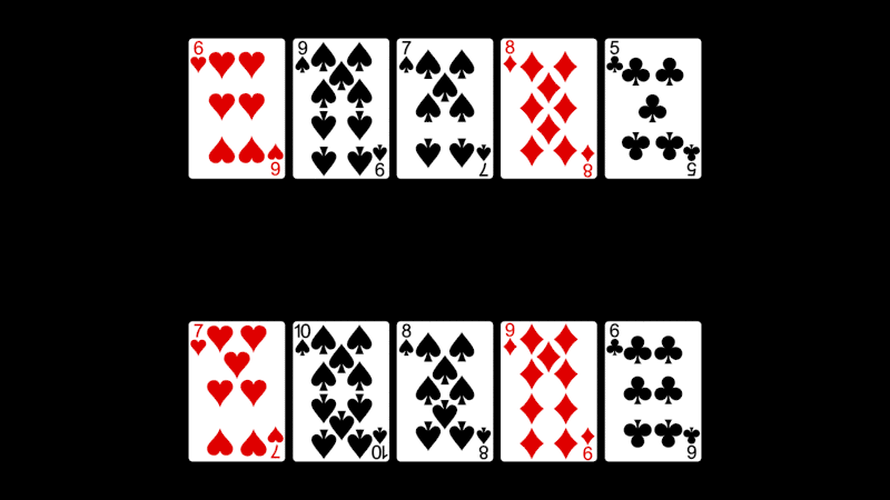 Eight cards being paired by rank (6H 6C, 9S 9D, 7S 7H, 8D 8S) between the two hands