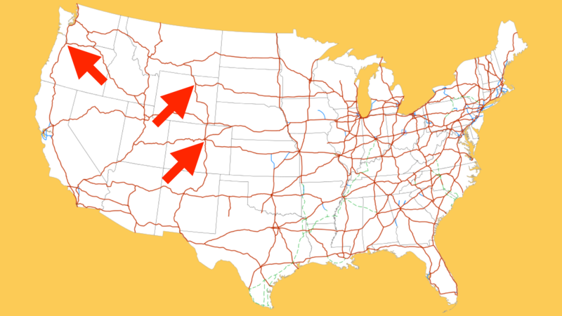 A map of the US interstate system with Portland, Denver and Buffalo marked with arrows