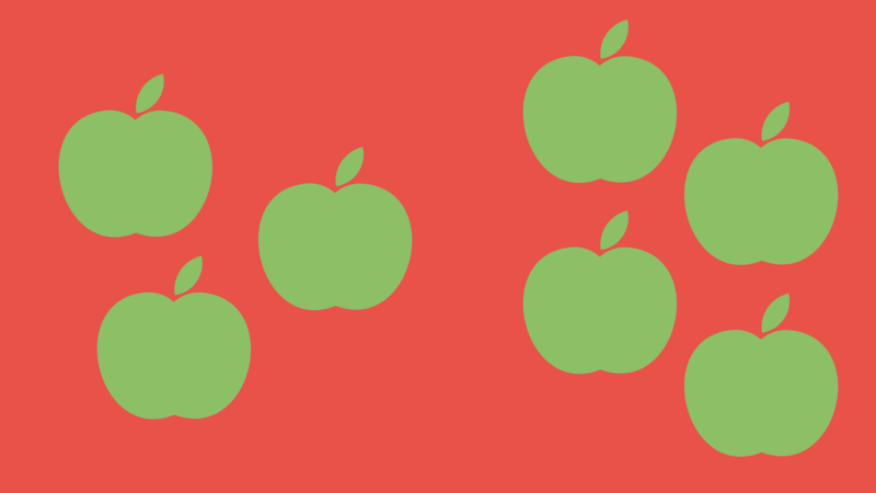 Three apples alongside four apples