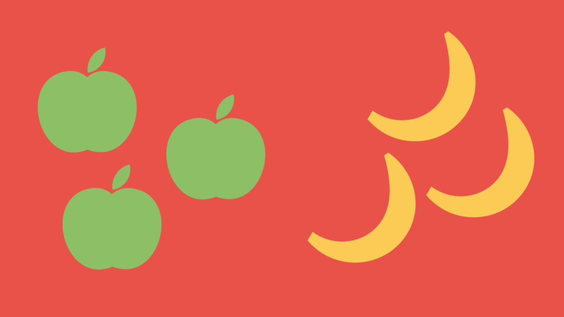 Three apples alongside three bananas