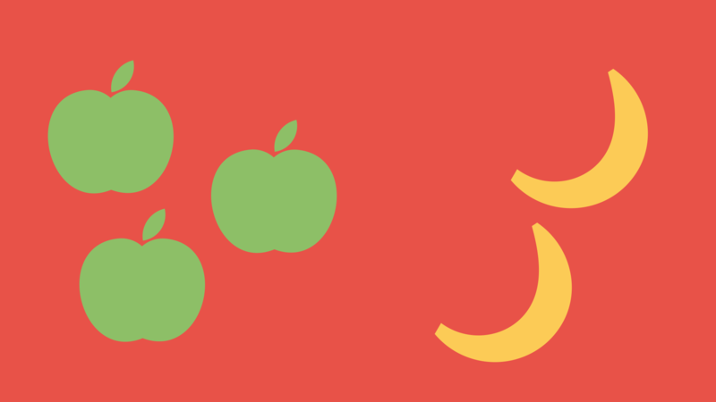 Three apples alongside two bananas