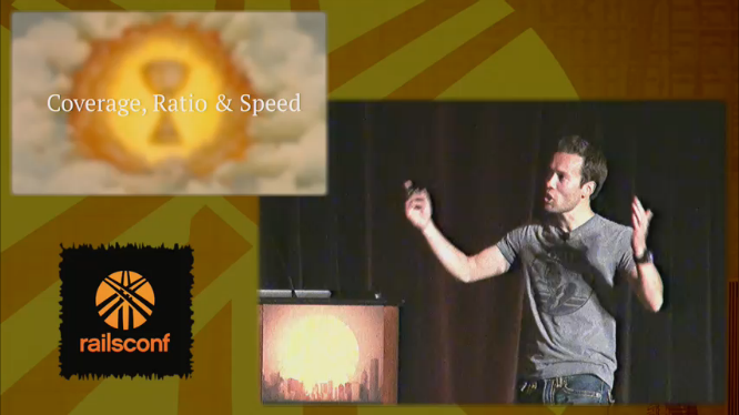 A slide from DHH’s keynote, showing the words "Coverage, Ratio & Speed" superimposed on an image of the Holy Grail