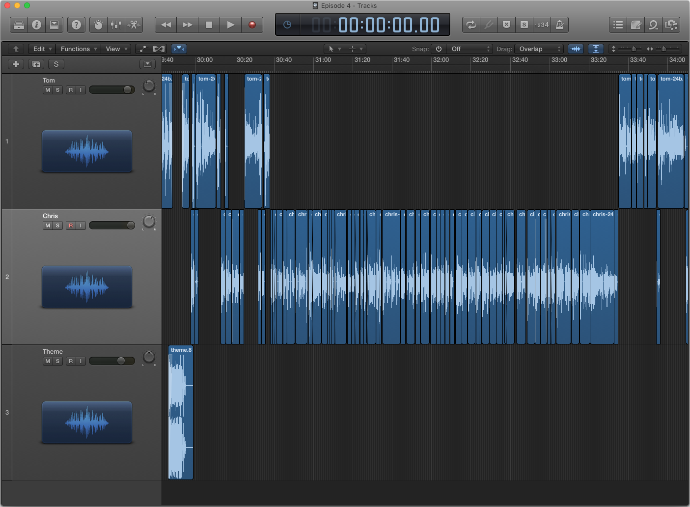 Logic Pro X showing a large number of separate audio regions on a timeline